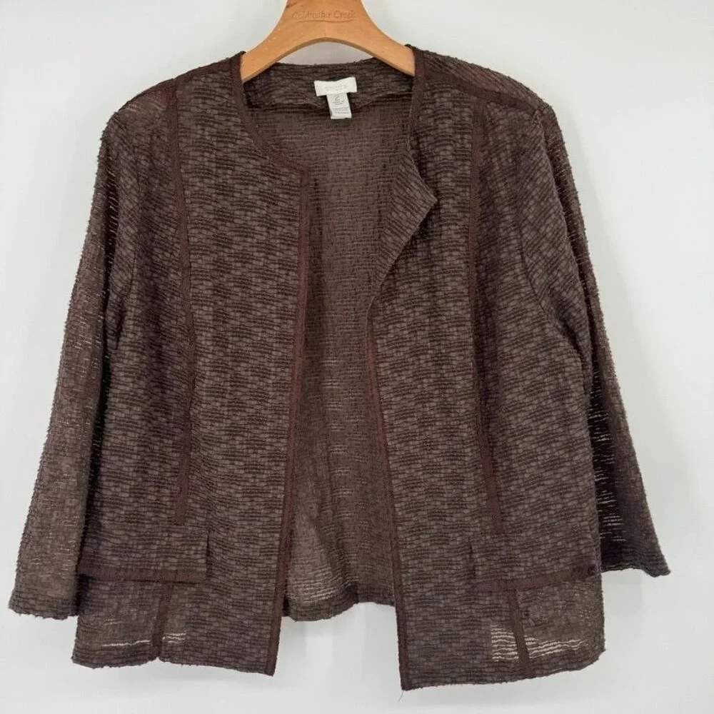 Chicos 2 Womens Brown Open Front jacket Size large Cotton embroidered crinkle